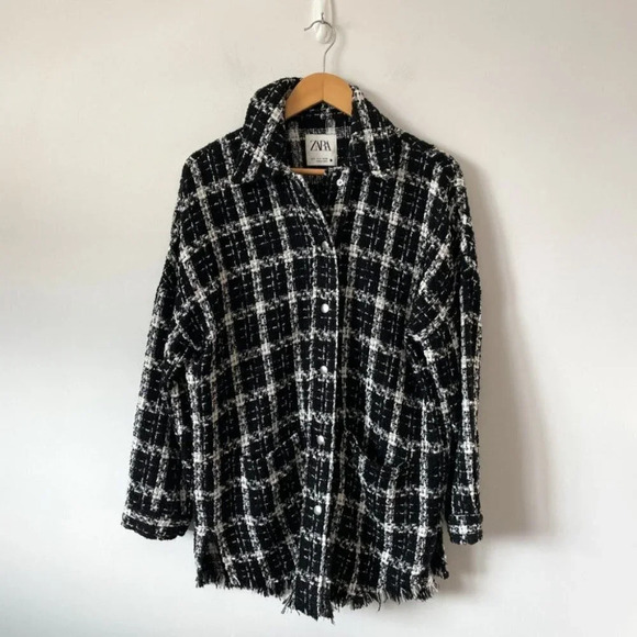 Zara Check Tweed Snap  Button Shirt Jacket Black White Bloggers Fave Size Small - Picture 4 of 7